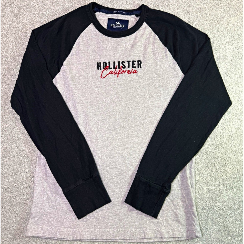 Hollister Mens S Long Sleeve Graphic Shirt Embroidered Spellout Gray Baseball LS
